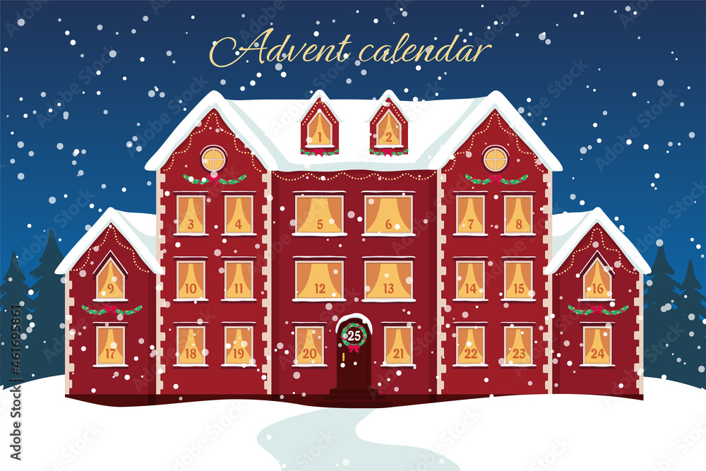 Advent calendar template. Christmas house  with countdown windows. Merry Christmas poster. Vector illustration.