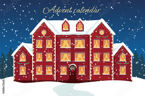 Advent calendar template. Christmas house  with countdown windows. Merry Christmas poster. Vector illustration.