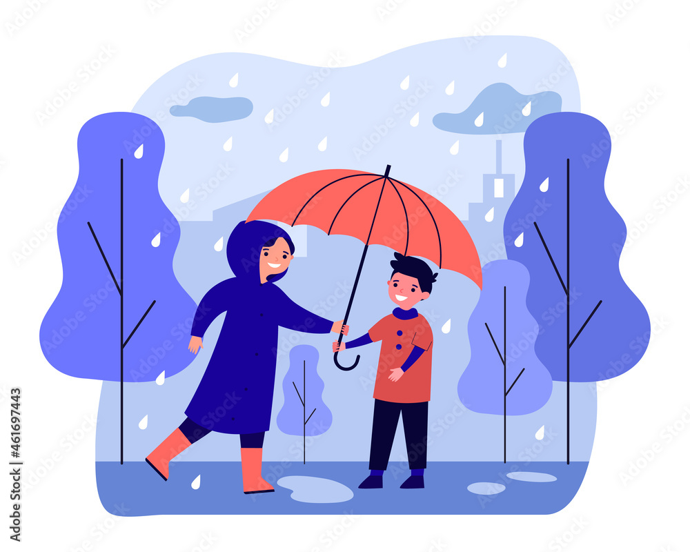Happy woman in raincoat giving umbrella to boy. Smiling caring person