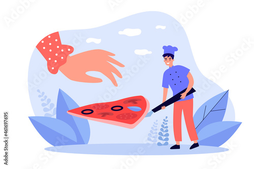 Chef serving traditional Italian pizza. Giant hand taking pizza slice in restaurant. Cook pizzaman offering food in pizzeria. Fast food, snack concept. Flat vector illustration.