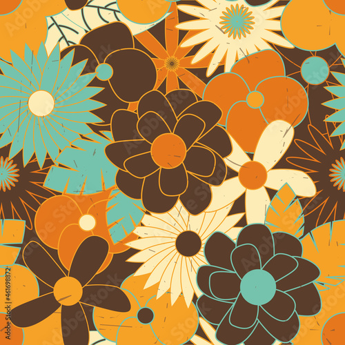 Yellow, orange and brown vintage flowers seamless background