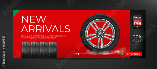 Grunge tire tracks backgrounds for landscape poster, digital banner, flyer, booklet, brochure and web design. Tire texture close up. Car tire background. Vector automotive banner template. 