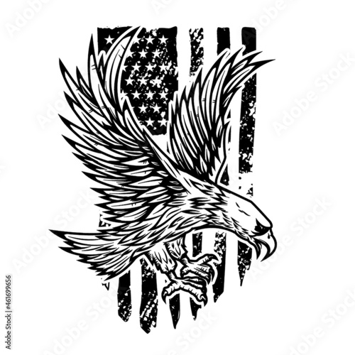 Eagle on american flag background. Design element for logo, emblem, sign, poster, t shirt. Vector illustration