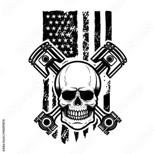 Skull with crossed pistons on american flag background. Design element for logo, emblem, sign, poster, t shirt. Vector illustration