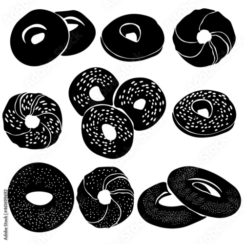 Set of bagels silhouettes, sweet pastries with and without powder