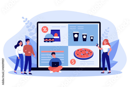 Tiny people ordering food online on laptop. Smiling friends buying fastfood using internet application on computer from home. Delivery service concept. Flat vector cartoon illustration.