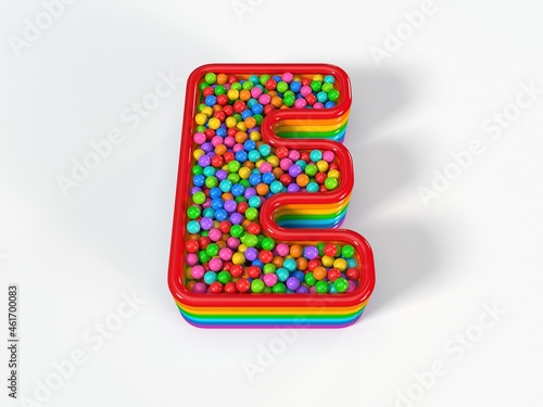 Letter E shaped child pool filledwith plastic toy balls. Suitable for kids, games and toy themes. 3D illustration photo