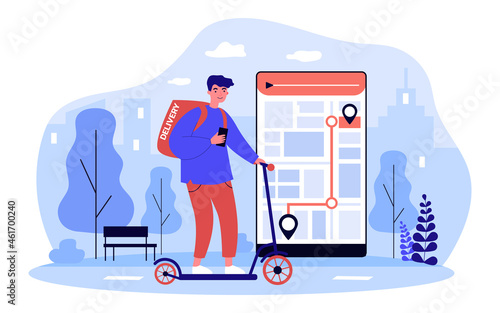Deliveryman on scooter order delivering with online app. Courier bringing food to clients, tracking way on smartphone web GPS application. Flat cartoon vector illustration.