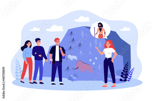 Student visiting history museum excursion with guide. People having group tour at anthropology museum with teacher. Education, science concept. Flat cartoon vector illustration.