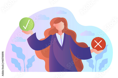 Business decision right or wrong. Woman hold signs with tick and cross. True or false. Moral choice. Female character makes decision. Cartoon flat vector illustration isolated on white background