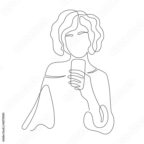 Girl with smartphone, one line art, hand drawn, stylized continuous contour. Young woman makes selfie photo for stories, use phone for video call. Doodle, sketch style, minimalism. Isolated. Vector