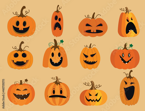 Set of five Halloween pumpkins with different facial expressions