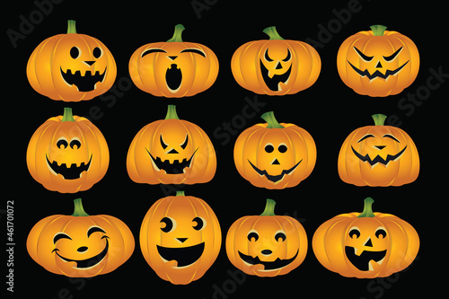 Set of five Halloween pumpkins with different facial expressions