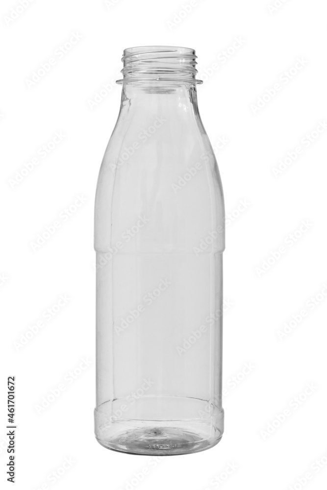 Empty, transparent, plastic bottle for dairy products and juices. Without a lid, isolated on a white background. Empty, transparent, plastic bottle for dairy products and juices. Without a lid, isolated on a white background.