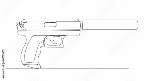 pistol with silencer one line drawing, vector