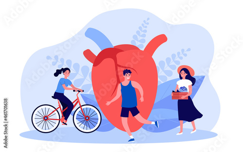 Daily activity of tiny people near big heart. Persons cycling, running, eating farm food flat vector illustration. Lifestyle for heart health concept for banner, website design or landing web page
