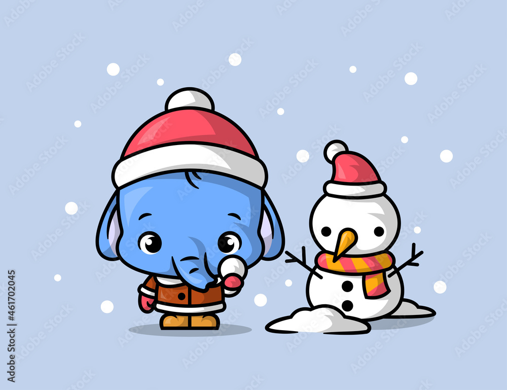 Naklejka premium A CUTE ELEPHANT IS PLAYING OUTDOOR AND MAKING A SNOWMAN.