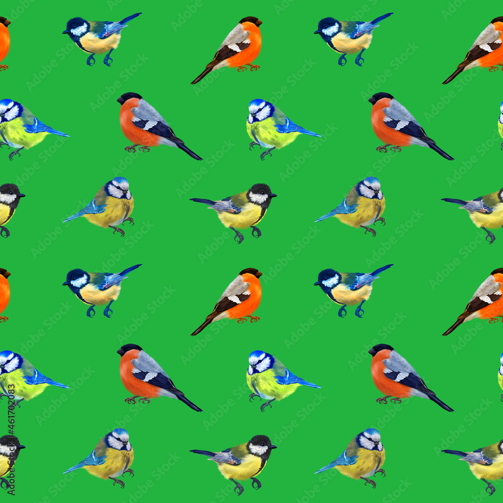 Fototapeta premium Colorful digital pattern with forest birds, Christmas branches . Green background.