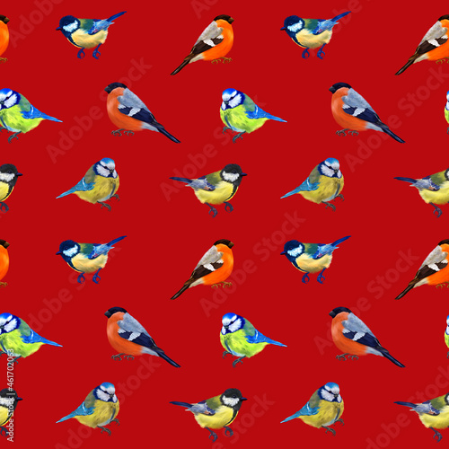 Colorful digital pattern with forest birds  Christmas branches . Red background.