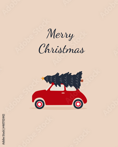 Merry Christmas vintage greeting card  with car with Christmas tree on it template.Vector design element