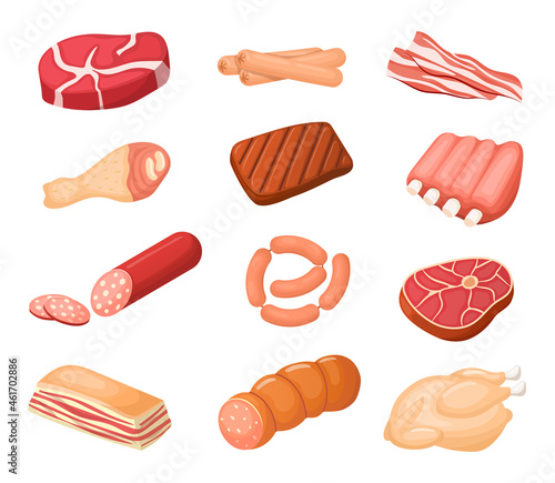Different meat cartoon products vector set. Chicken, sausages and bacon. Steaks, pork and ribs collection. Beef, ham, fillet and lamb, product ingredient illustration.