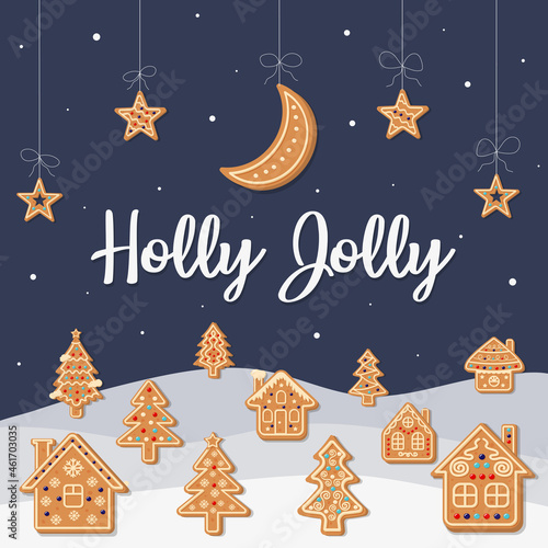 Winter landscape with gingerbread houses  Christmas trees and hanging gingerbread moon and stars. Holly Jolly Christmas Greeting Card