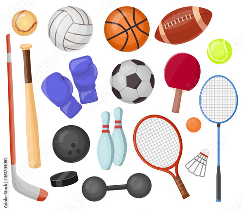 Sport equipment cartoon vector set. Balls and items for hockey, rugby, baseball and tennis racket. Bowling, boxing and golf vector collection. Illustration of recreation ball for soccer and tennis