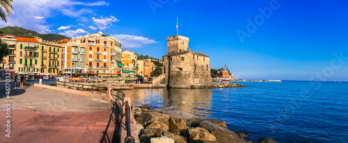 Beautiful italian coastal town Rapallo. View of medieval fortress and promenade. Italy, Liguria