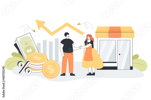 Money lender giving loan to female small business or shop owner. Cash and coins, financial planning flat vector illustration. Banking, finances, debt, help concept for banner or landing web page
