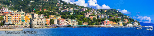 Italy, Liguria travel and landmarks. Beautiful italian coastal town Rapallo. View of medieval fortress and promenade.