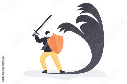 Businessman cartoon character threatening shadow. Man with sword and shield fighting against symbol of fear, anxiety, ego or phobia flat vector illustration. Conflict, emotions, success concept