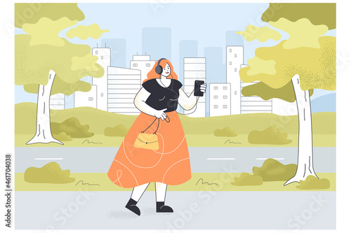 Female hipster listening to music in headset on phone outdoors. Happy cartoon girl in headphones walking down street flat vector illustration. Music, leisure, traveling, youth concept for banner