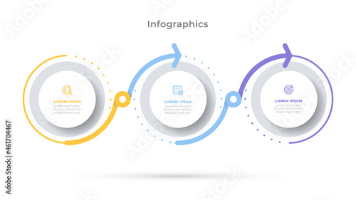 Business timeline infographic template. Vector elements process with circle and 3 options or steps.