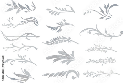シルバーのリーフ・植物のラインセット　ベクター素材