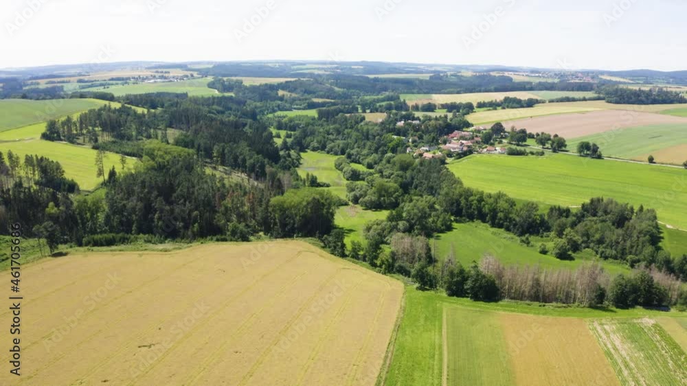 Aerial drone shot - a rural area with forests, fields and a village Aerial drone shot - a rural area with forests, fields and a village