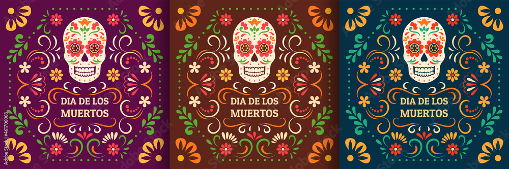 Day of the Dead, Dia de los Muertos. Colorful Mexican cards, posters, banners with flowers and skulls. - obrazy, fototapety, plakaty 