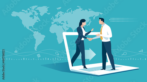 Agreement. Connection. On line. Network. A business couple shaking hands across a laptop screen. Business vector illustration.
