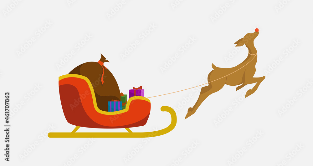 Naklejka premium Christmas deer with santa sleigh and gift bag isolated illustration. santa sleigh clipart on white background.