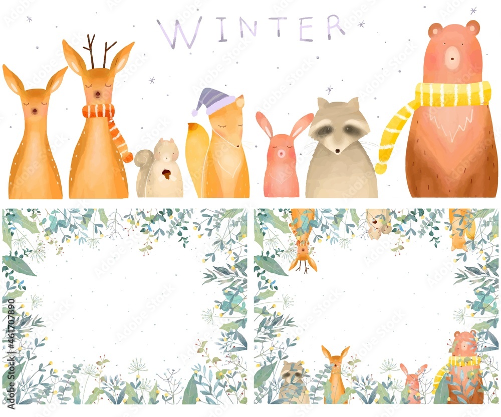 森のかわいい動物と植物の北欧風オシャレな雪の降る冬ベクターフレームセットイラストベクター素材 Stock ベクター Adobe Stock
