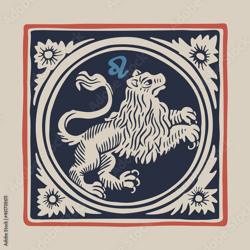 Lion zodiac medieval-style illustration.