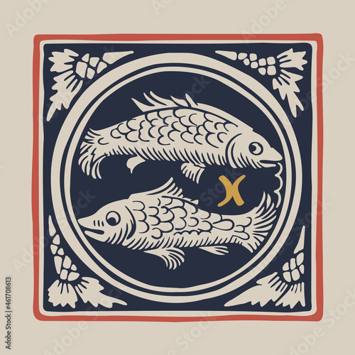 Fish zodiac medieval-style illustration.