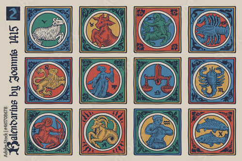 Zodiac medieval-style illustrations set.