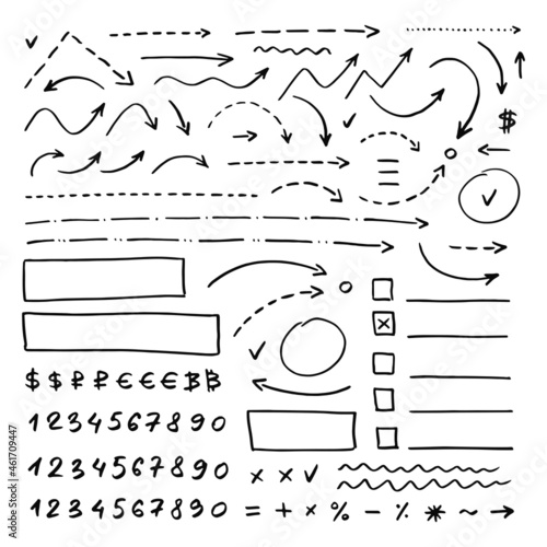 Set of handwritten numbers, signs and  arrows. Vector elements for infographic. Black objects on white background