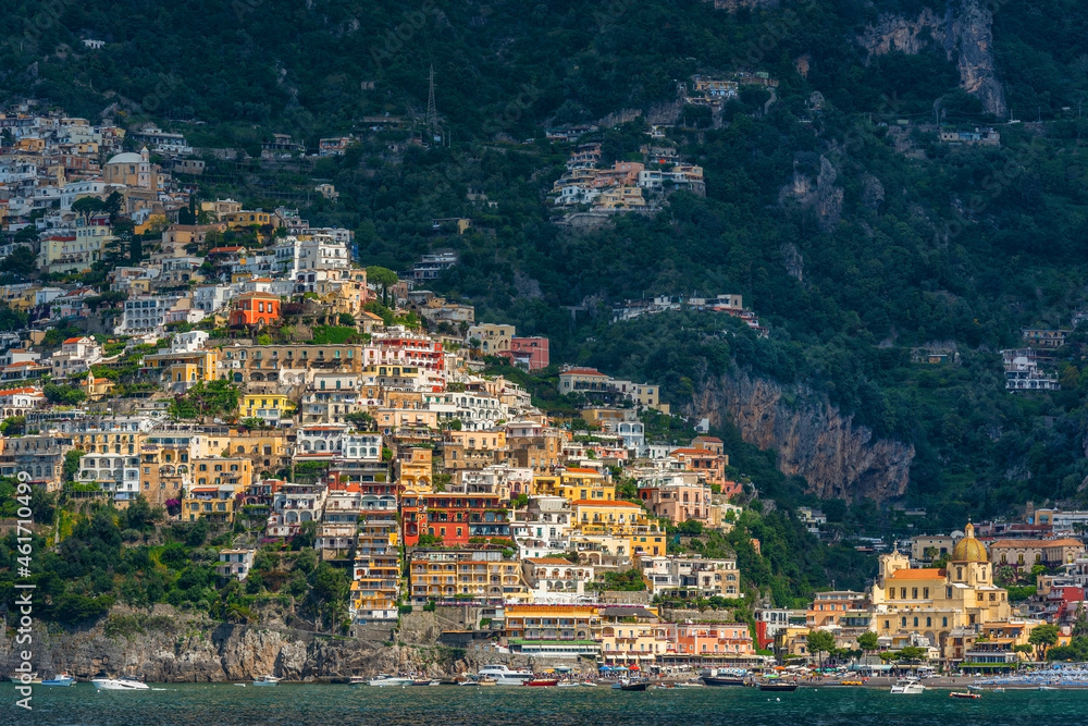 The picturesque small Italian town of Positano, descending from the terraces from the mountains to the Mediterranean Sea.