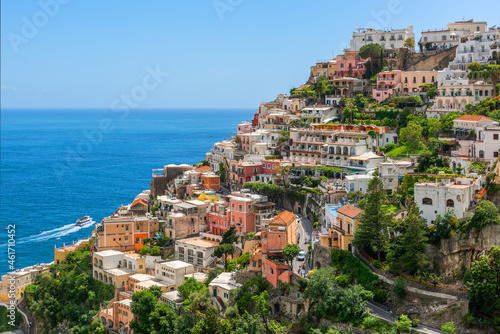 The picturesque small Italian town of Positano, descending from the terraces from the mountains to the Mediterranean Sea.