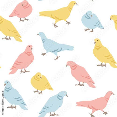 Seamless pattern with multicolored doves on white background