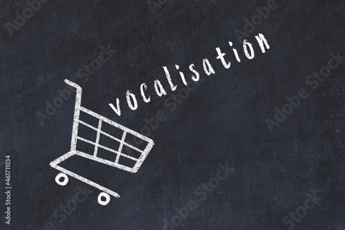 Chalk drawing of shopping cart and word vocalisation on black chalboard. Concept of globalization and mass consuming photo