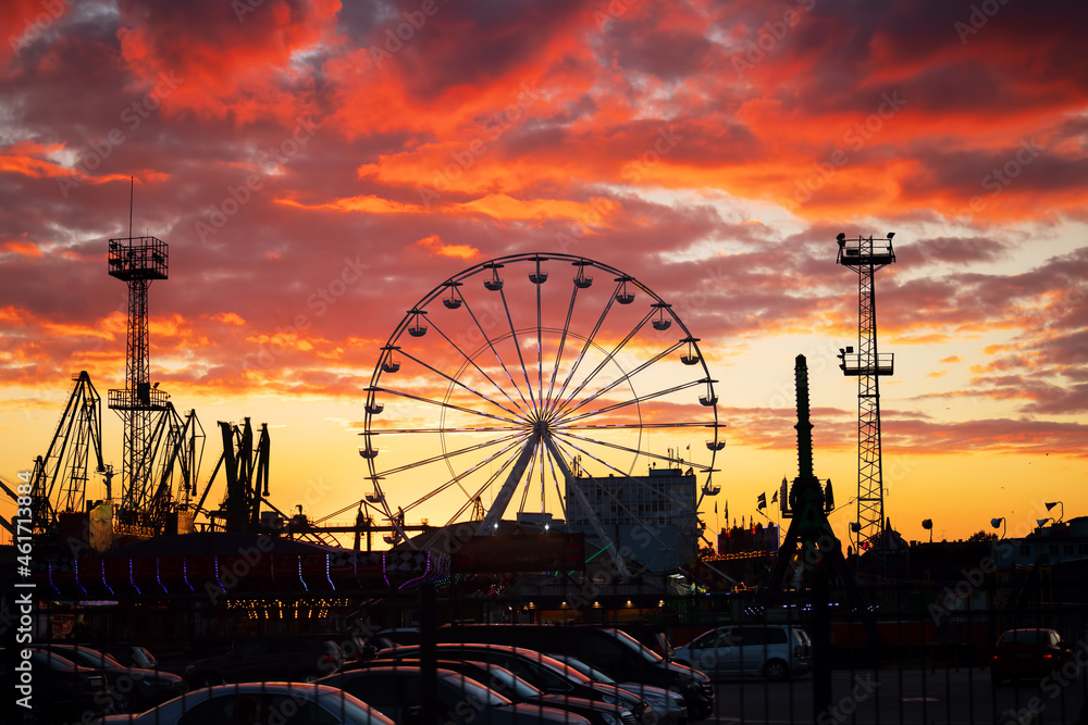 Ferris Wheel at sunset sky. Varna, Bulgaria