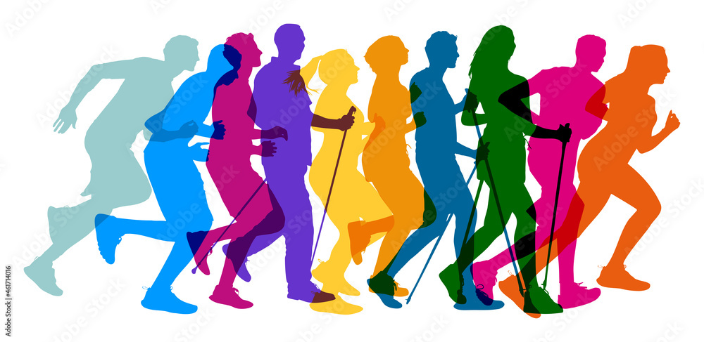 Menschen verschiedenen Alters in Bewegung bei Jogging und Nordic Walking