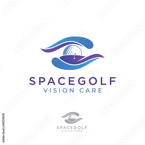 spacegolf vision care logo, creative abstract eye with  golf ball and golf course in space